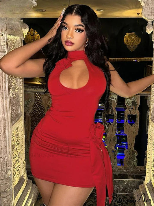 3D Flower Decoration Red Vacation Dresses Sexy Hollow Backless Bodycon Christmas Party Dress