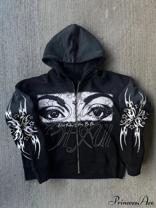 3D Print Vintage Long Sleeve Zip Hoodie