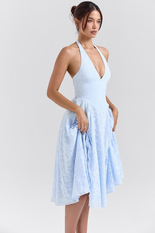 Romantic Blue Halter Jacquard Party Dress