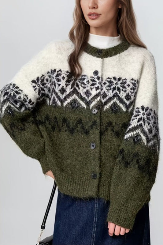 Retro Nordic Christmas Snowflake Jacquard Knit Cardigan