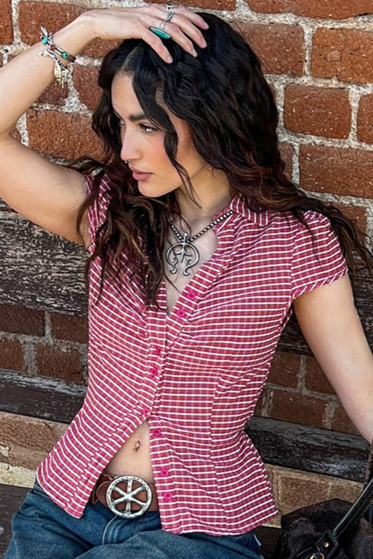 Preppy Plaid Button Down Collar Slim Blouse