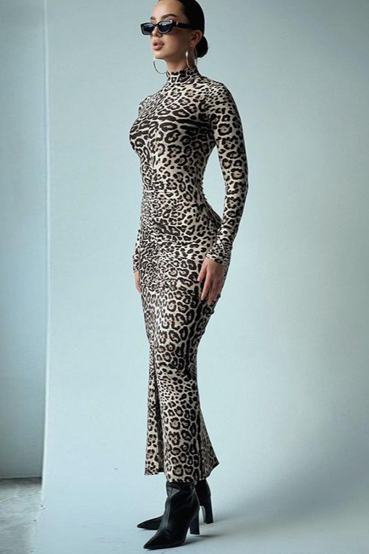 Leopard Print Long Sleeve High Neck Maxi Dress