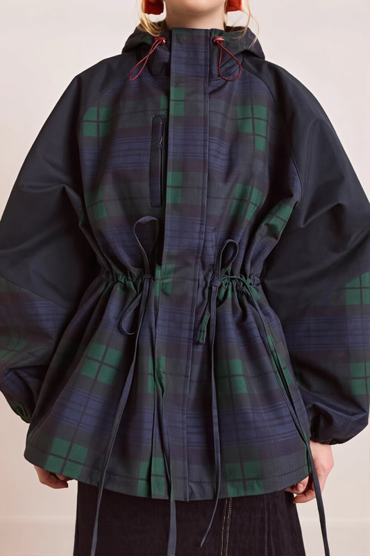 Plaid Hooded Drawstring Waist Coat