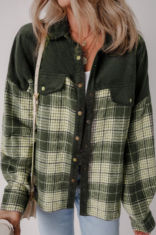 Plaid Color-Block Corduroy Long-Sleeve Jacket