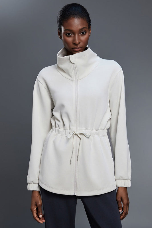 Air Layer Stand Collar Drawstring Waist Mid Length Jacket