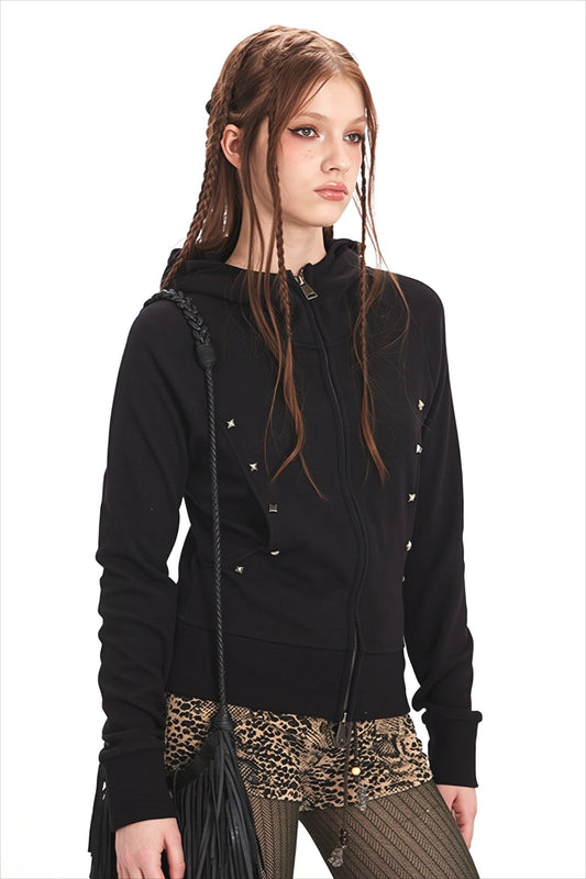 Rhinestone Detail Fitted Zip Up Hoodie