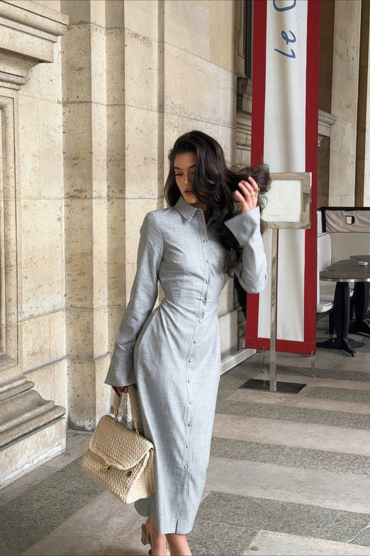 Elegant Long Sleeve Collared Midi Dress