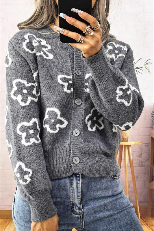 Floral Jacquard Short Single-Row Button Knit Cardigan