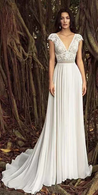 V-Neck Long Train Sheer Tulle Wedding Dress