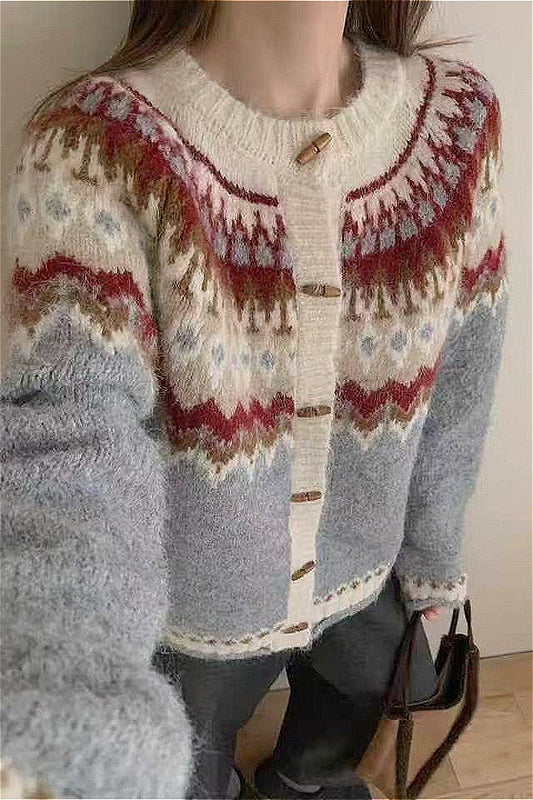 Crew Neck Fair Isle Christmas Horn Button Knit Cardigan