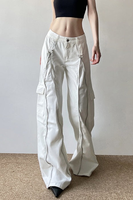 Long Zipper Pocket White Cargo Wide Leg Jeans