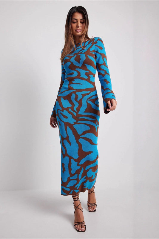 Knit Leopard Print Long Sleeve Sweater Dress