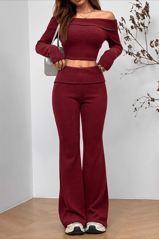 Sexy Off-Shoulder Fitted Crop Top Pants Two Piece Set