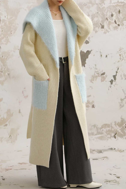 Faux Fur Collar Long Patchwork Loose Knit Overcoat