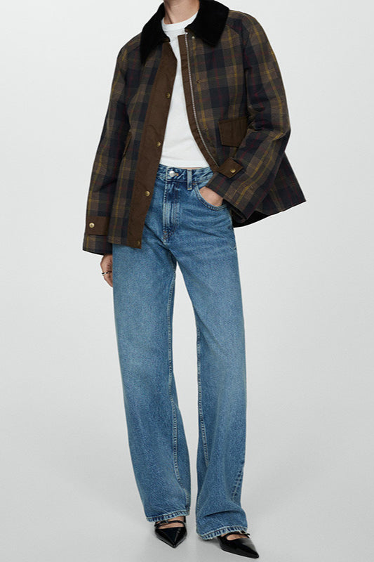 Plaid Faux Fur Collar Zip Decorative Button Coat
