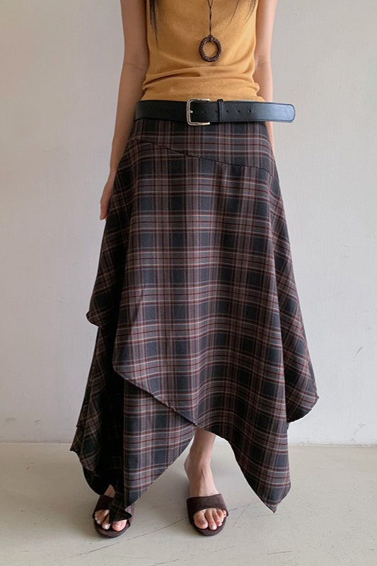 Asymmetric Plaid Midi Skirt