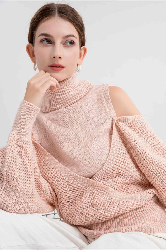 High Neck Off-Shoulder Double Layer Knit Sweater