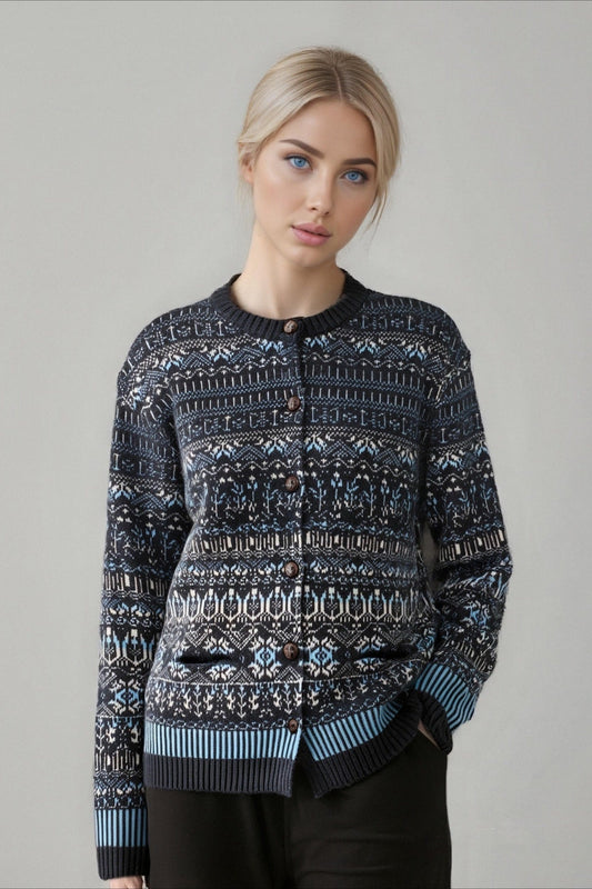 Fair Isle Jacquard Colorblock Crew Neck Knit Cardigan