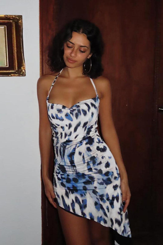 Asymmetrical Leopard Bodycon Halter Midi Dress