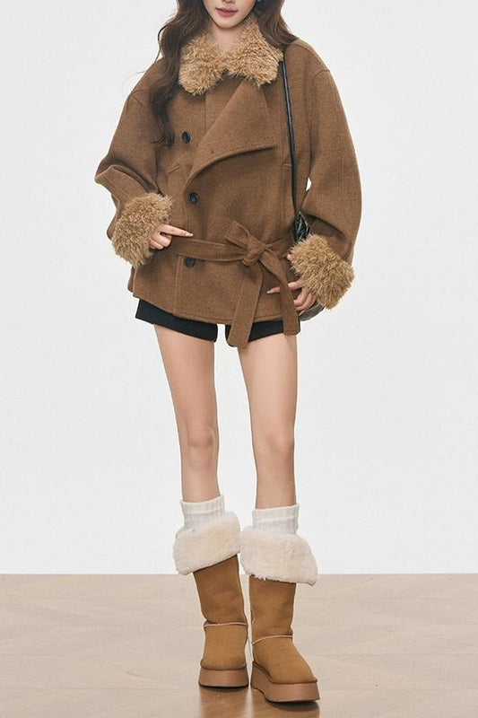 Vintage Fur Collar Fur Cuffs Short Woolen Coat
