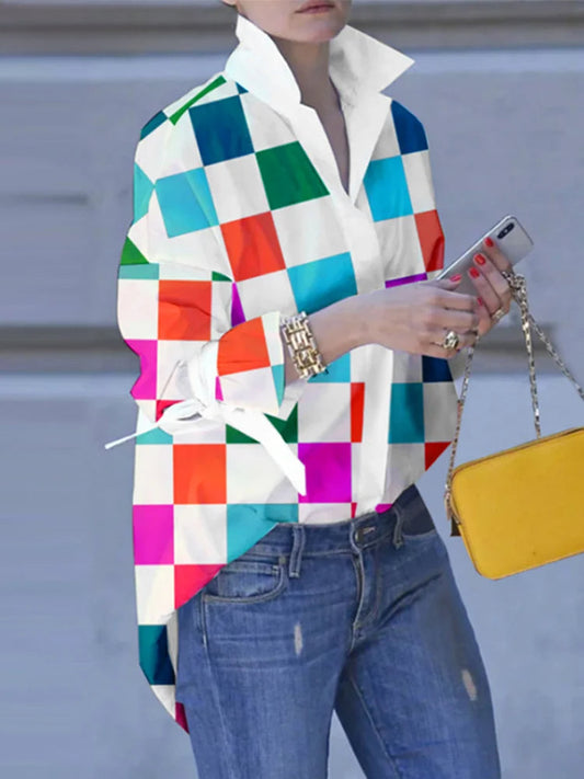 Plshop Size Patchwork Plaid Turn-down Collar Bloshope