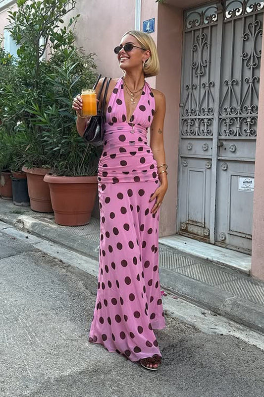 Polka Dot Halter V-Neck Color Block Bodycon Maxi Dress