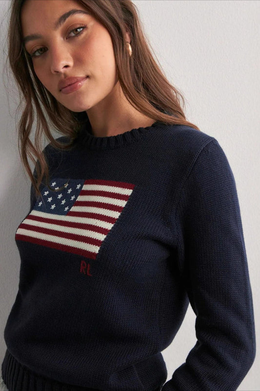 Color Block Flag Print Loose Knit Sweater
