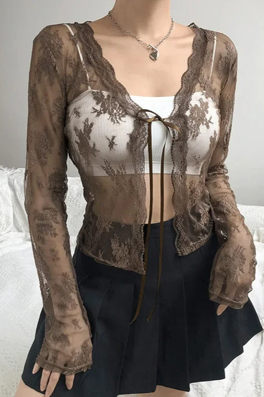 Lace Tie Front Sheer Crop Cardigan