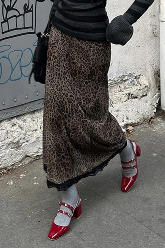 Lace Trim Leopard Patchwork Skirt