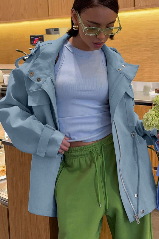 High Neck Cinched Waist Cotton Jacket