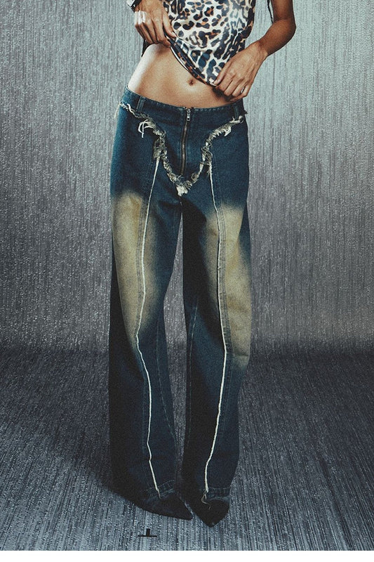 Low Rise Frayed Hem Straight Leg Jeans