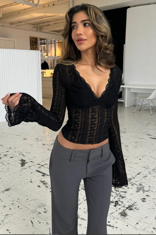 Sexy Lace Spliced Long Sleeve Knit Top