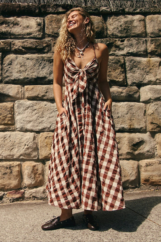 Chic Plaid Buttoned Halter Midi Dress