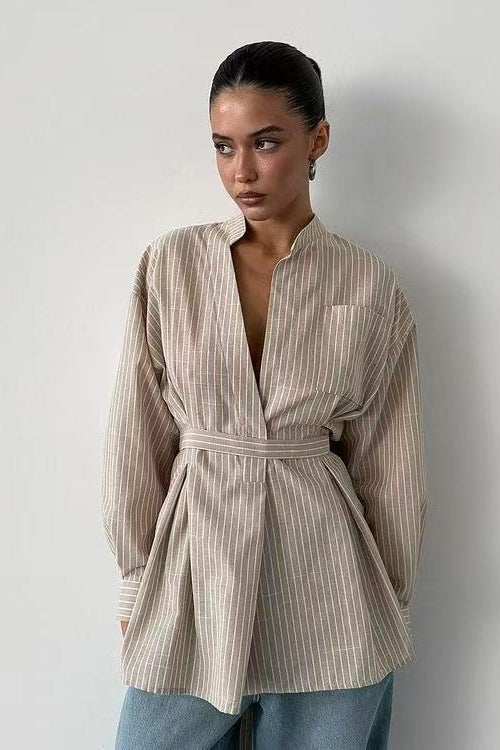 Striped V Neck Irregular Tie Waist Long Sleeve Bloshope