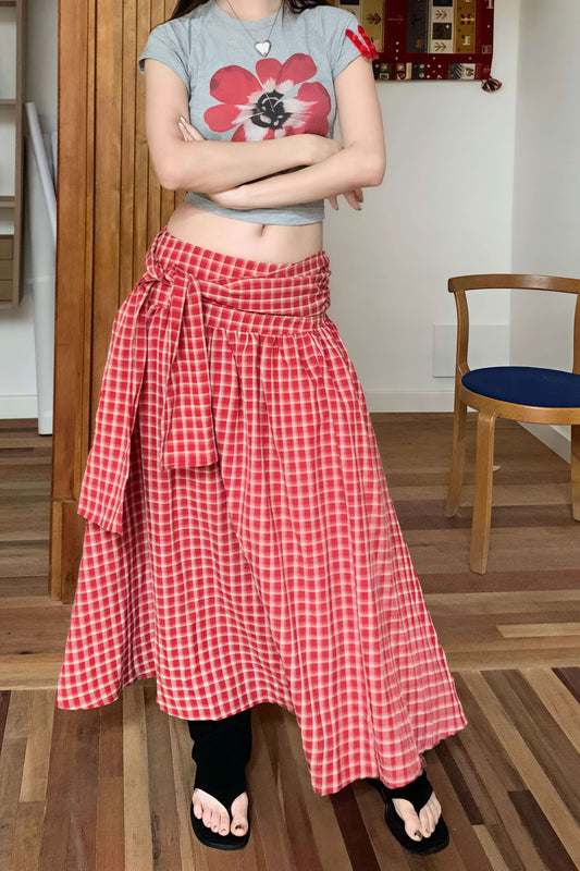 Color Block Plaid Tie Side Zip Loose Skirt