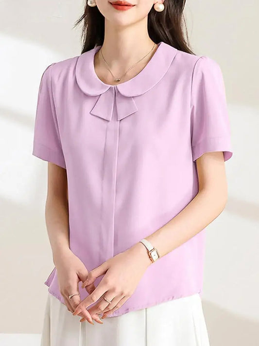 Casual Loose Lapel Solid Color Short Sleeve Bloshope