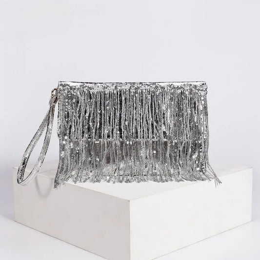 Silver Sequin Rhinestone Evening Clutch Wristlet