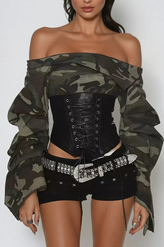 Off Shoulder Camo Print Tie Up Bloshope
