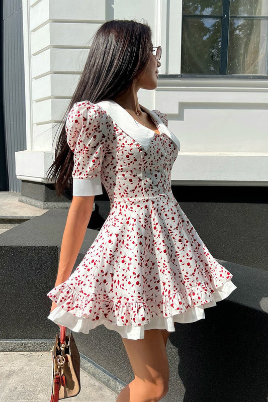 V-Neck Floral Puff Sleeve Babydoll Mini Dress