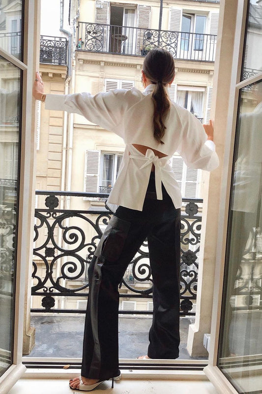Cutout Shoulder Tie Waist Shirt