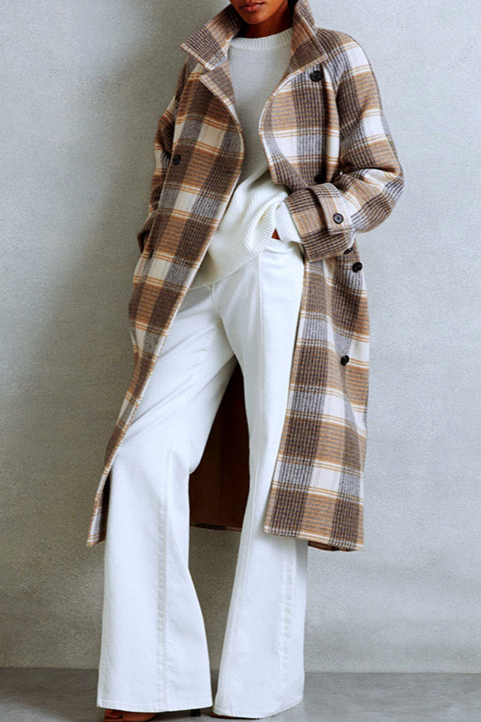 Plaid Woolen Color Blocking Cinched Overcoat