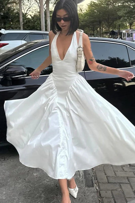 Silky Hollow V-Neck Flowy Pendulum Maxi Dress