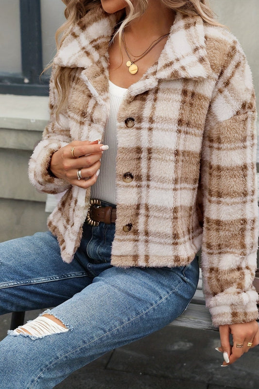 Plshoph Double Sided Plaid Button Cardigan Coat