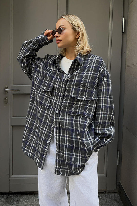 Plaid Mid Length Double Pocket Shirt Bloshope
