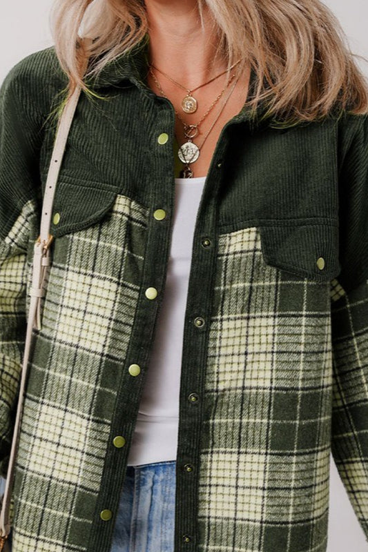 Plaid Color-Block Corduroy Long-Sleeve Jacket
