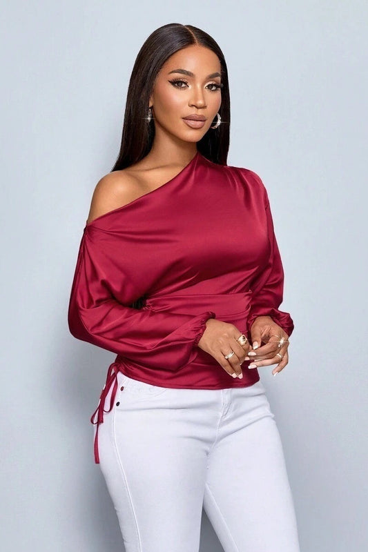 Satin Asymmetric Collar Ruched Waist Long Sleeve Tee