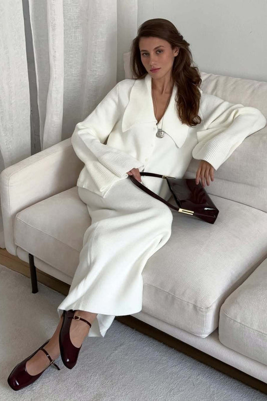 Bell-Sleeve Pink Polo Collar Cardigan Straight Skirt Two Piece Set