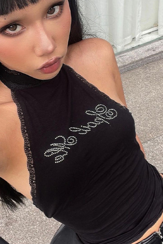 Rhinestone Letter Lace Cami Knit Top