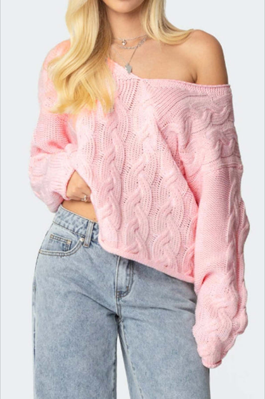 Solid Color V-Neck Cable-Knit Loose Sweater