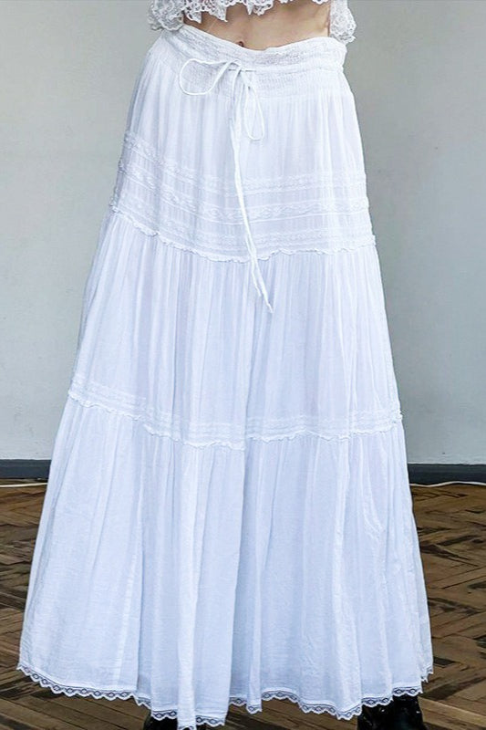 Drawstring Waist White Maxi Skirt